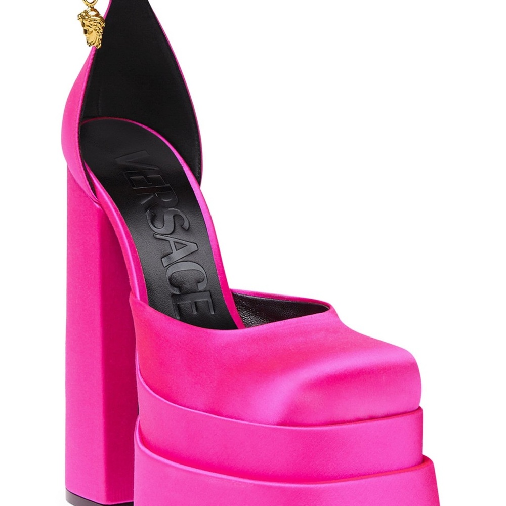 Pink Versace Satin Platform Pumps Gem